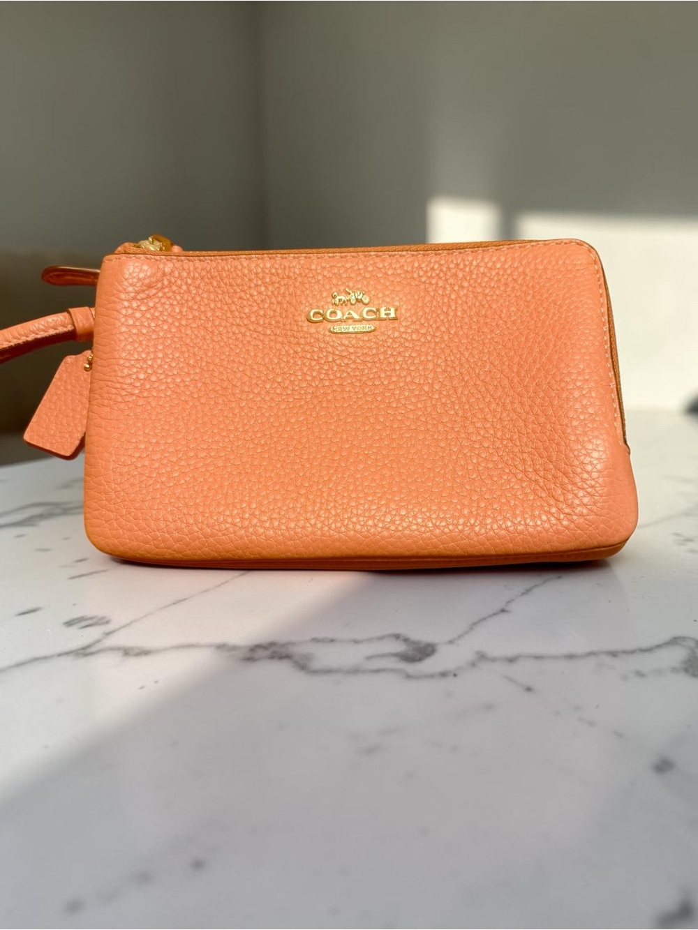 Coach Coral Pebbled Leather Wristlet Wallet Zip Pouch Designer Wristlet Clutch